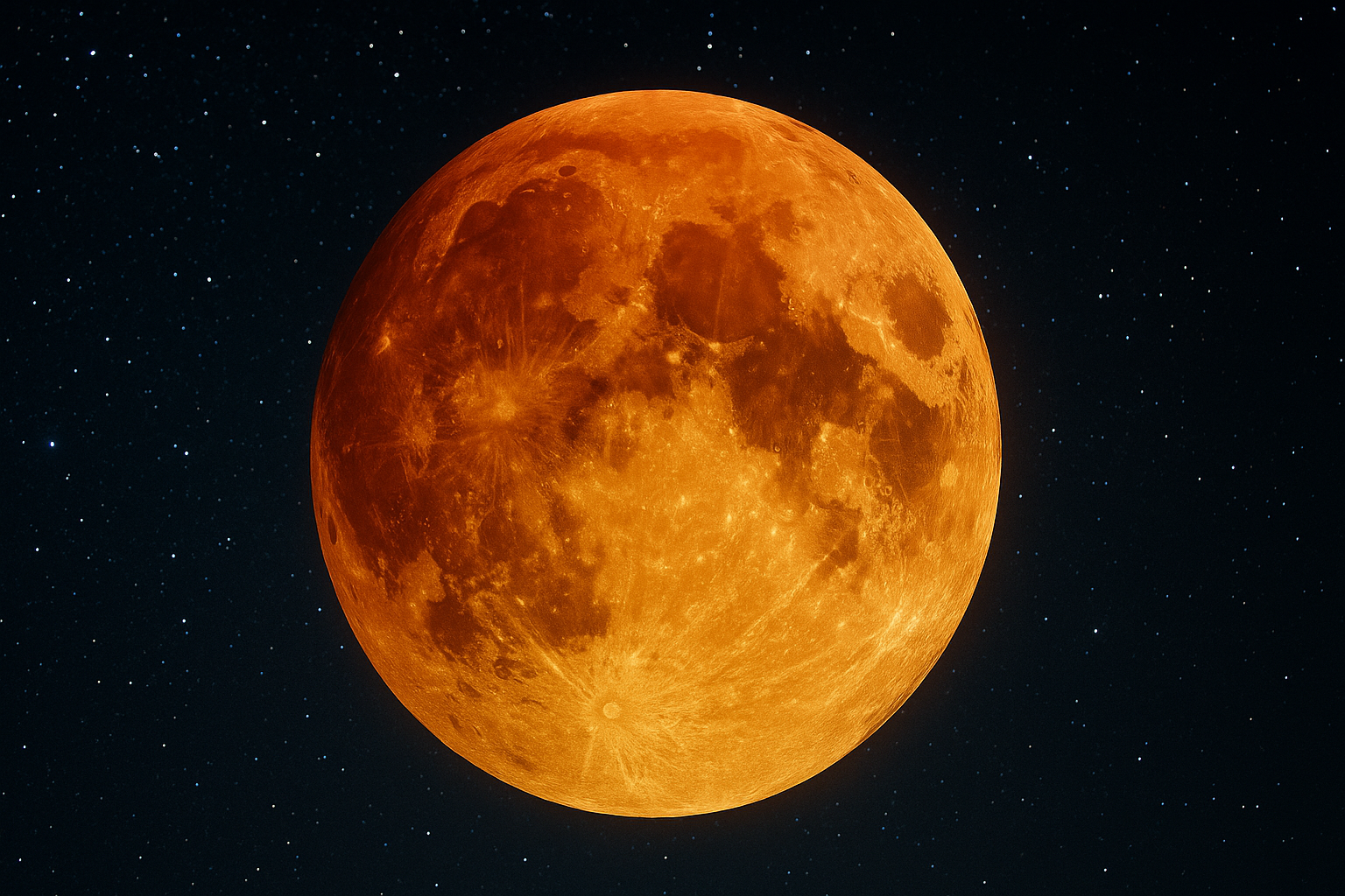"Blood Moon 2025 during the total lunar eclipse glowing fiery red against a starry night sky